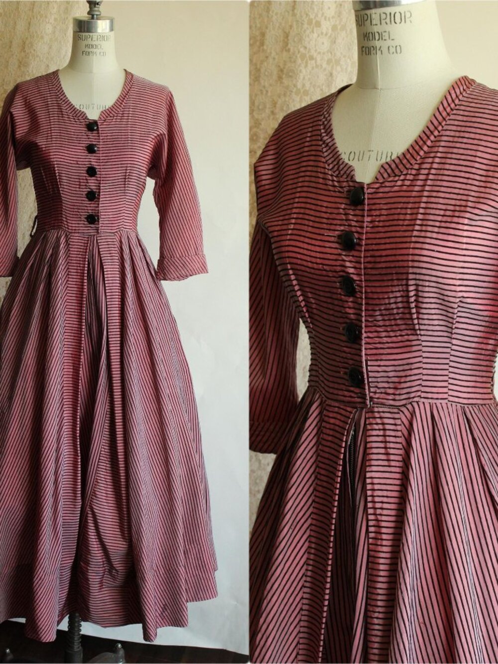 Vintage 1940s Dress, Dolly Myers Inc Pink and Black Striped Silk New Look, Full - Picture 2 of 16